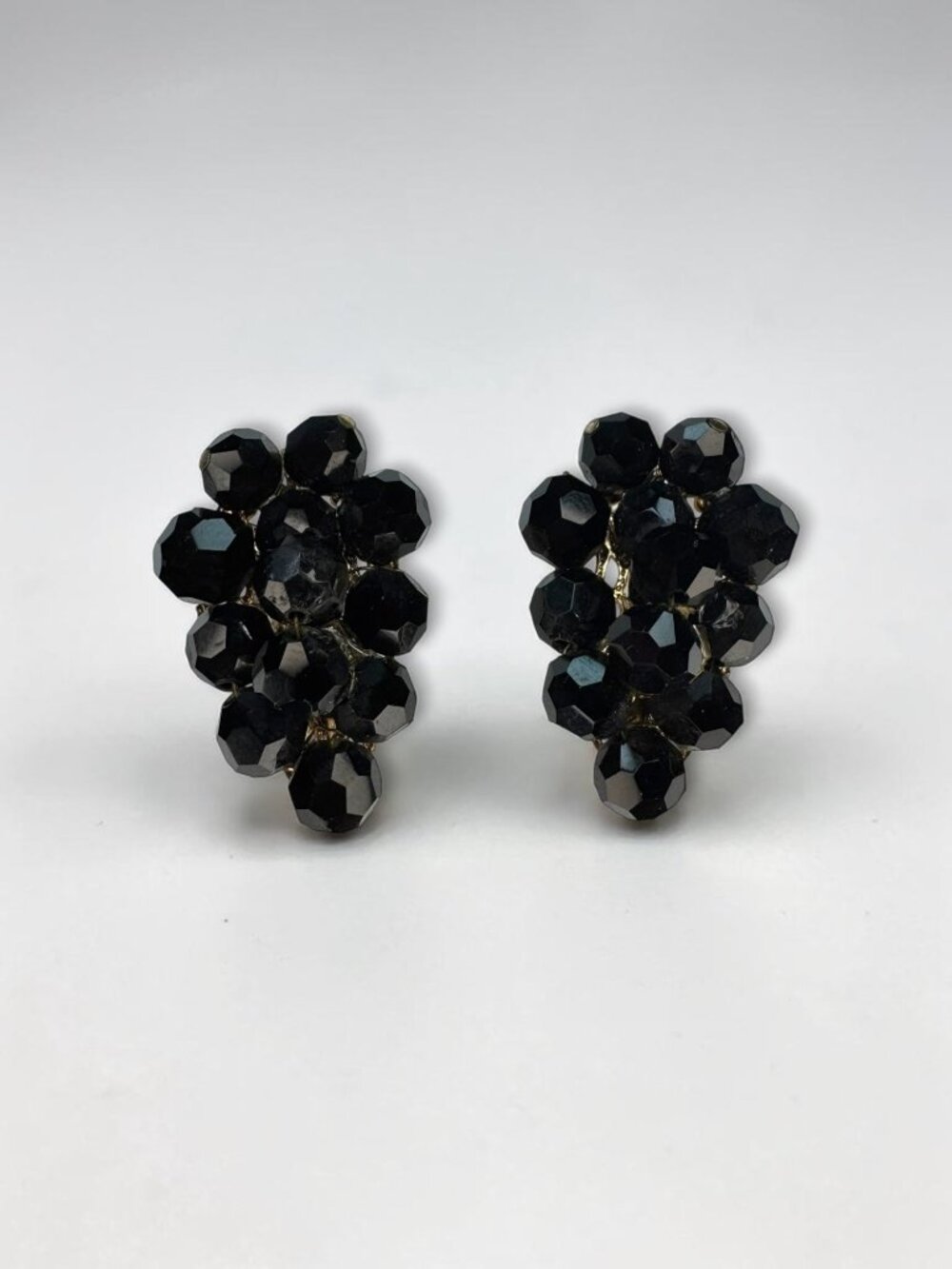 Judith McCann Wingback Faceted Black Crystal Gold Tone Earrings 1950s Vintage